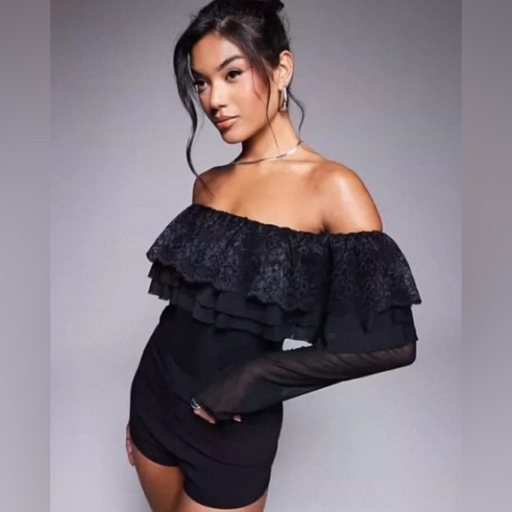 NEW AFRM Saylor long sleeve off the shoulder ruffle bodysuit in black